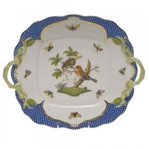 Herend Rothschild Bird Blue Border Square Cake Plate W/Handles9