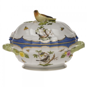 Herend Rothschild Bird Blue Border Tureen W/Bird(2 Qt) 9.5"H