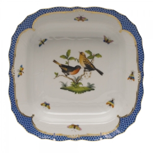 Herend Rothschild Bird Blue Border Square Fruit Dish11"Sq