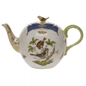 Herend Rothschild Bird Blue Border Tea Pot W/Bird (36 Oz) 5.5"H