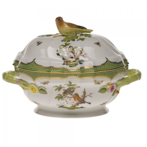 Herend Rothschild Bird Green Border Tureen W/Bird (2 Qt) 9.5"H