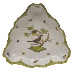 Herend Rothschild Bird Green Border Triangle Dish 9.5"L