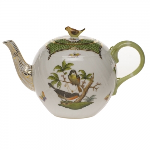 Herend Rothschild Bird Green Border Tea Pot W/Bird (36 Oz) 5.5"H