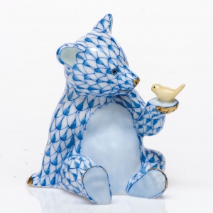 Herend Bear w/ Bird Blue