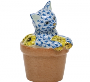 Herend Flower Pot Kitty - Blue