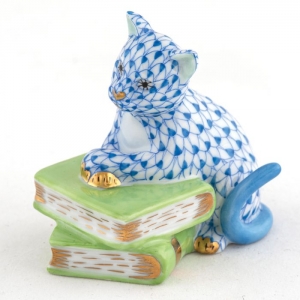 Herend Cat on Books - Blue