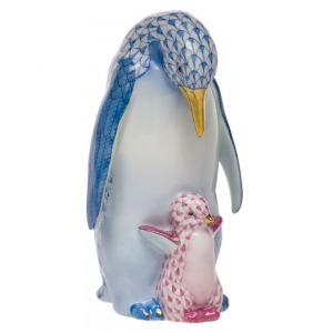 Herend Penguin w/Baby Blue + Raspberry