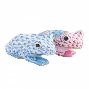 Herend Pair of Frogs Blue + Pink