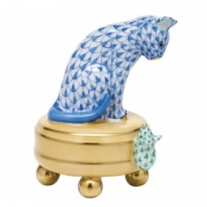 Herend Playing Cat and Mouse Blue with Green