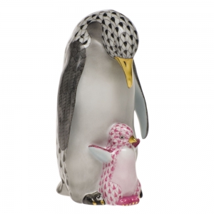 Herend Penguin w/Baby Black + Raspberry