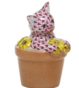 Herend Flower Pot Kitty - Raspberry