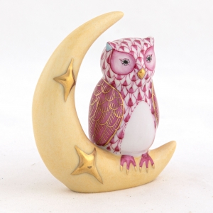 Herend Owl w/ Crescent Moon - Raspberry