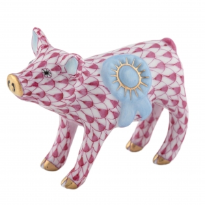 Herend Blue Ribbon Pig - Raspberry
