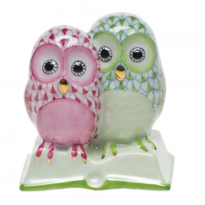 Herend Pair of Owls on Book Raspberry & Key Lime