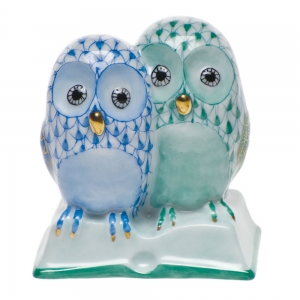 Herend Pair of Owls on Book Blue & Green