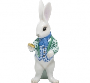 Herend White Rabbit Green & Blue