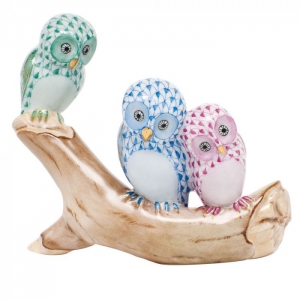 Herend Owls on Branch - Green / Blue / Raspberry