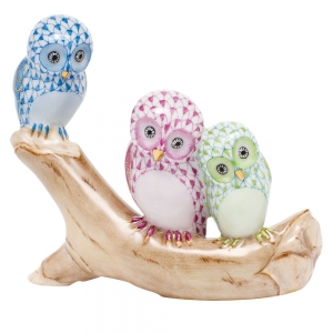 Herend Owls on Branch - Blue / Raspberry / Key Lime