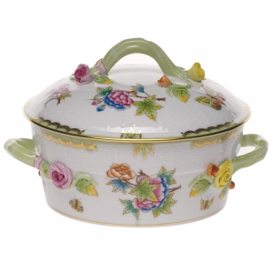 Herend Queen Victoria Small Covered Vegetable Dish w/ Branch Handle