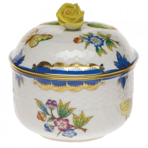 Herend Queen Victoria Blue Border Cov Sugar W/Rose - Blue (6 Oz)