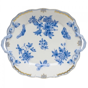 Herend Fortuna Blue Square Cake Plate w/ Handles - 9.5"