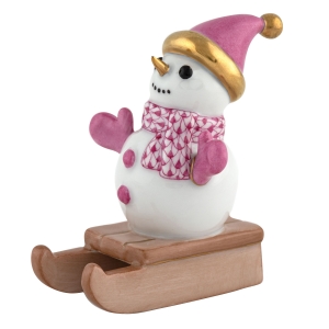 Herend Sledding Snowman - Raspberry