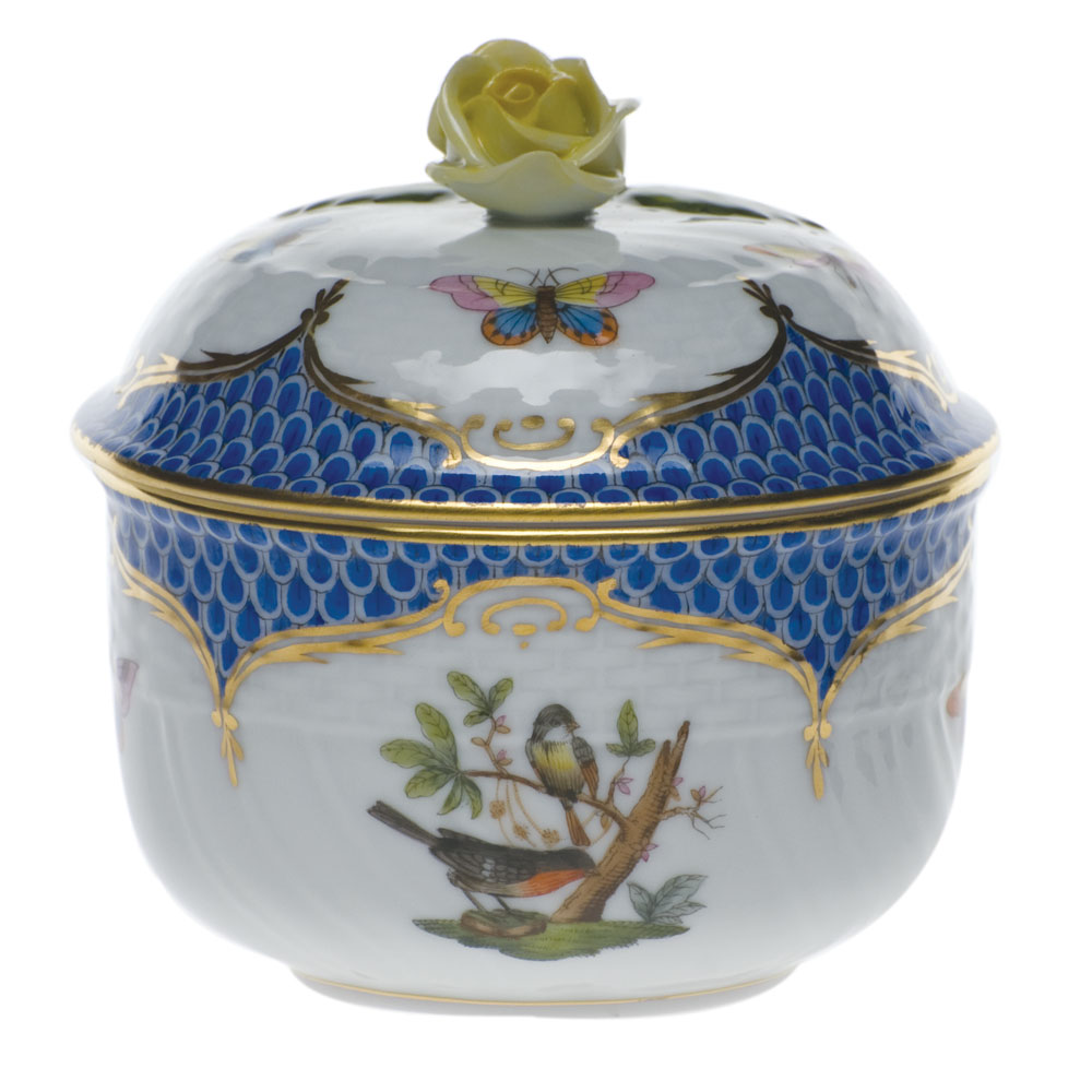 Herend Rothschild Bird Blue Border Cov Sugar W/Rose(6 Oz) 4H