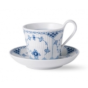 Royal Copenhagen Blue Fluted Half Lace High Handle Cup + Saucer - 8.5 oz.