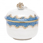 Herend Fishscale Blue Covered Sugar W/ Rose