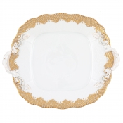 Herend Fish Scale Gold Square Cake Plate w/ Handles - 9.5"