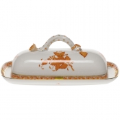 Herend Chinese Bouquet Rust Butter Dish W/Branch8.5"L