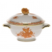 Herend Chinese Bouquet Rust Covered Soupn Cup W/Rose Lid + Saucer