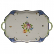 Herend Printemps Blue Border Tray Rectangular w/ Branch Handles -18"