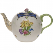 Herend Printemps Blue Border Tea Pot w / Rose - 36 oz.