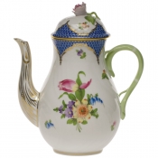 Herend Printemps Blue Border Coffee Pot W/Rose - 36 Oz 8.5