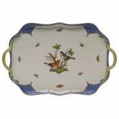 Herend Rothschild Bird Blue Border Rec Tray W/Branch Handles18"