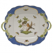 Herend Rothschild Bird Blue Border Square Cake Plate W/Handles9