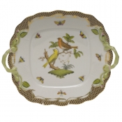 Herend Rothschild Bird Brown Border Square Cake Plate W/Handles9