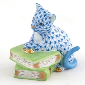 Herend Cat on Books - Blue