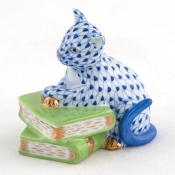 Herend Cat on Books - Sapphire