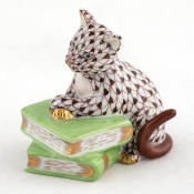 Herend Cat on Books - Chocolate
