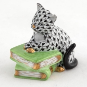Herend Cat on Books - Black
