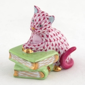 Herend Cat on Books - Raspberry