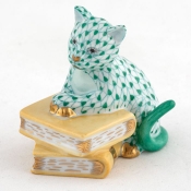 Herend Cat on Books - Green